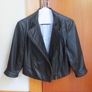 Cropped Leather Motorcycle Jacket-Pinstripe Lining